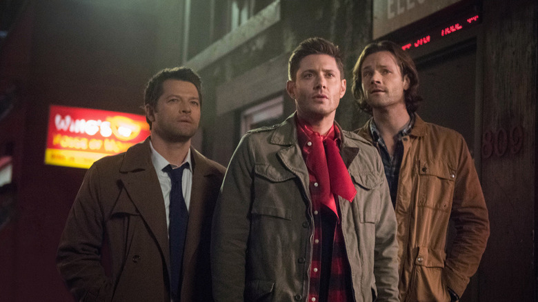 Castiel, Dean with ascot, and Sam 