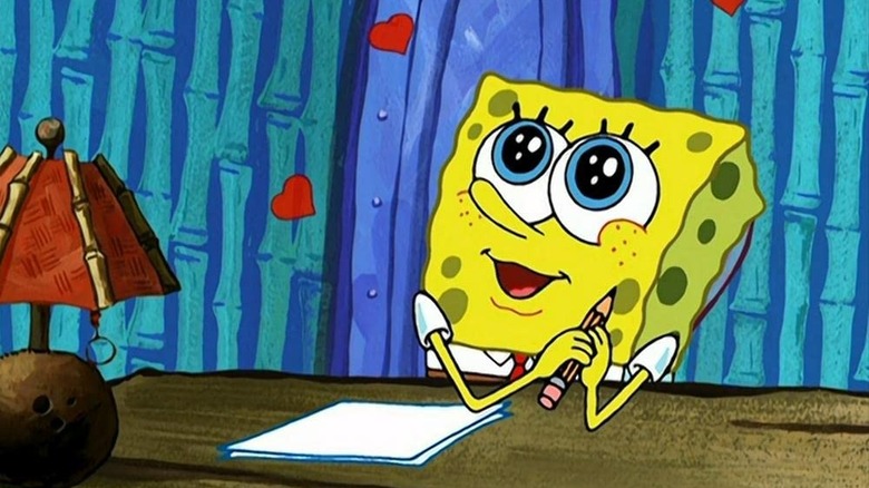 SpongeBob distracted from writing an essay