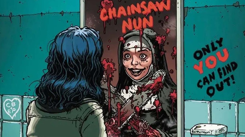 Chainsaw Nun looking into bathroom mirror