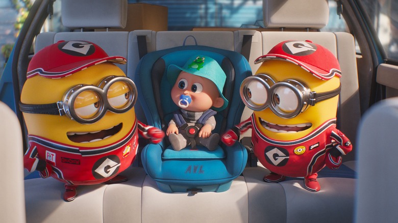 Minions stand with Gru Jr. in car