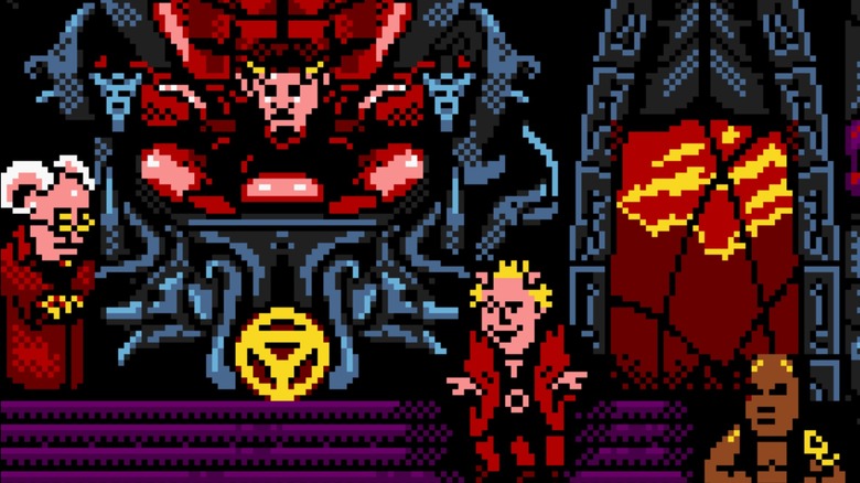 The Devil speaks to his sons in an 8-bit image