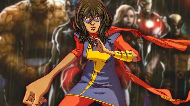 Ms. Marvel standing in front of the avengers