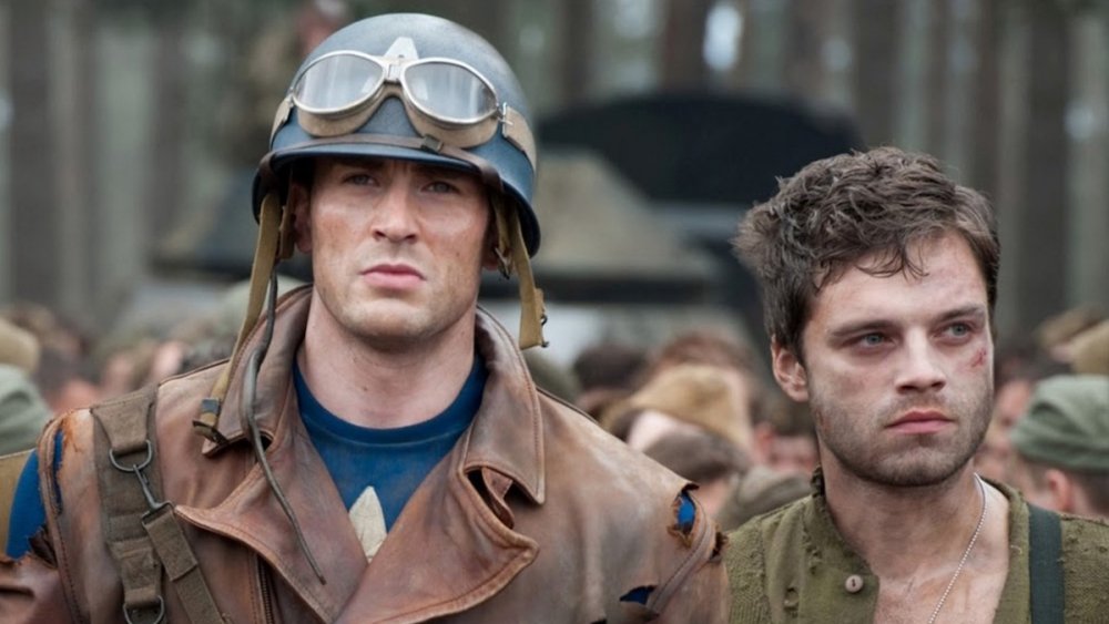 Chris Evans as Steve Rogers and Sebastian Stan as Bucky Barnes in Captain America: The First Avenger