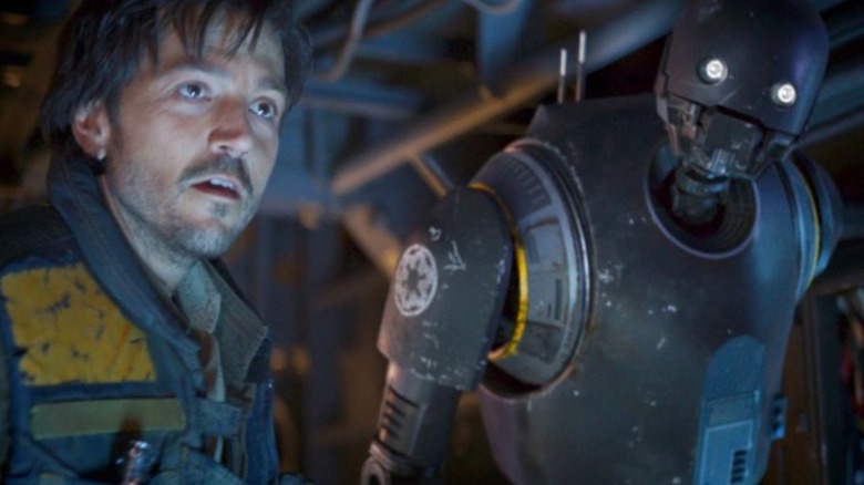 Cassian Andor and K-2SO on a ship