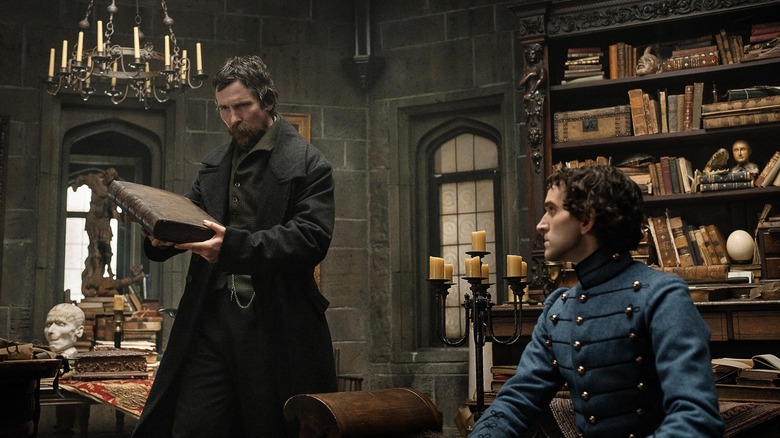 Christian Bale as Augustus Landor, Harry Melling as Cadet Edgar Allen Poe deep in thought