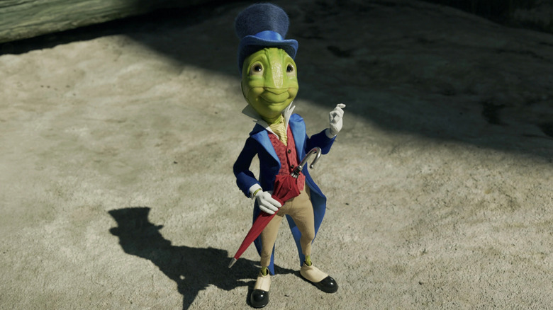 Jiminy Cricket wearing a suit in the live-action Pinocchio