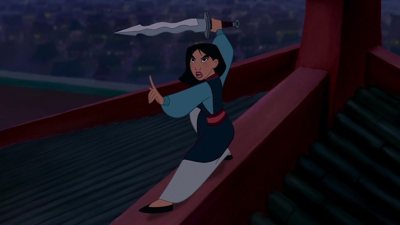 Mulan on roof with sword