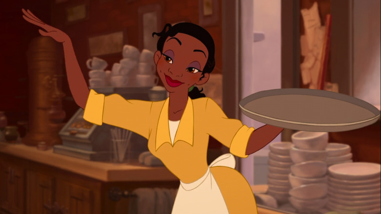 Tiana working as a waitress