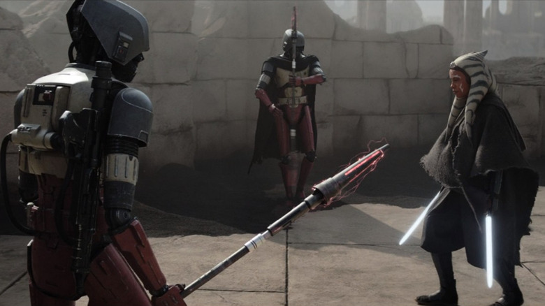 Ahsoka Tano fighting two droids