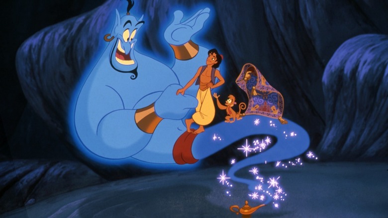 Aladdin stand on Genie with Abu and carpet