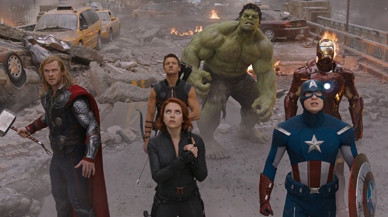 The Avengers amid rubble