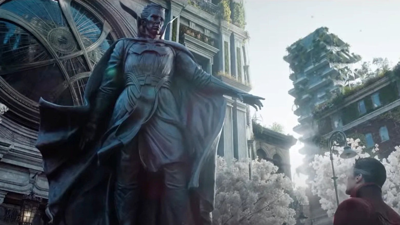 Doctor Strange looking at his statue