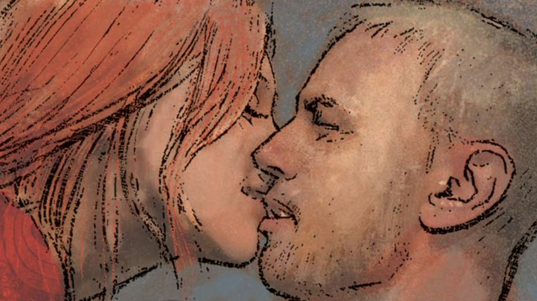 Hawkeye kissing Wanda Maximoff in "New Avengers #26"