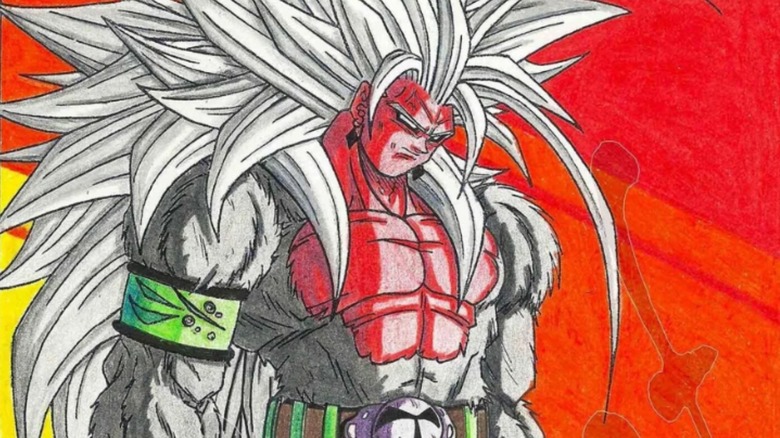 a drawing of Super Saiyan 5 goku with white hair and red skin