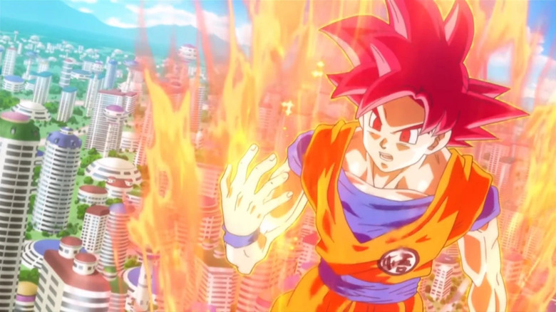 Goku flying in Super Saiyan God form