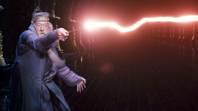 Albus Dumbledore dueling with Lord Voldemort in Harry Potter and the Order of the Phoenix.