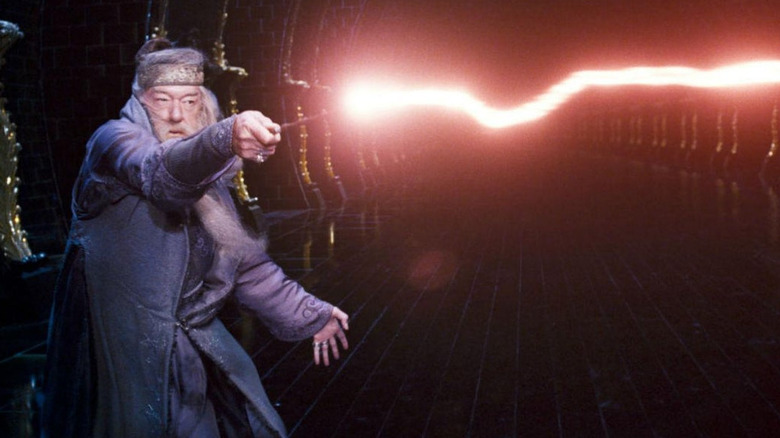 Dumbledore duels with Voldemort in Harry Potter