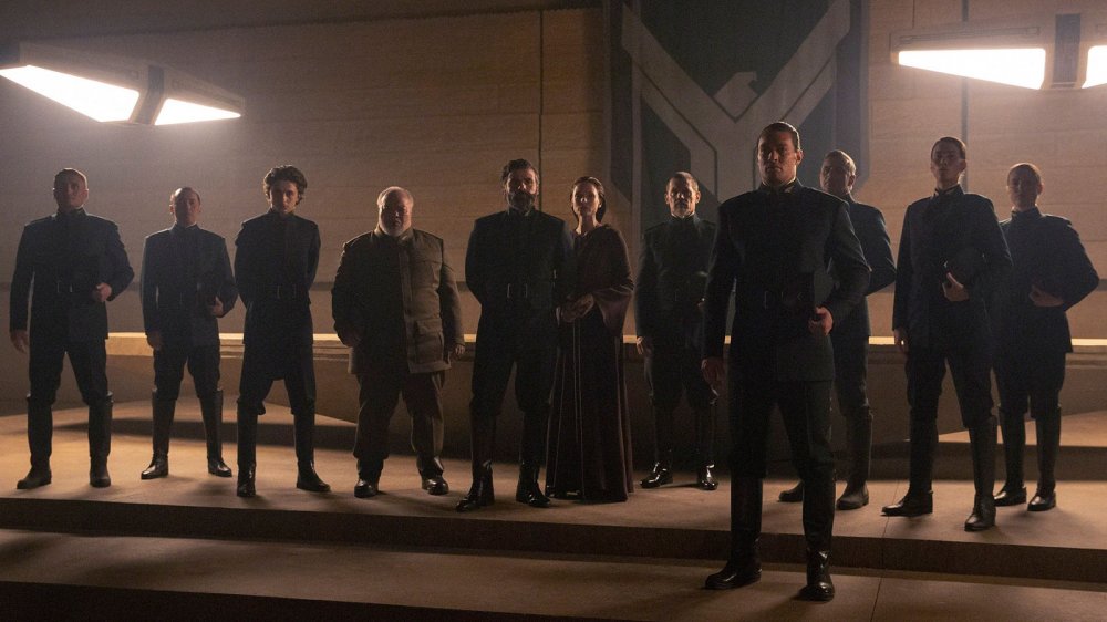 Timothée Chalamet as Paul Atreides, Stephen Mckinley Henderson as Thufir Hawat, Oscar Isaac as Duke Leto Atreides, Rebecca Ferguson as Lady Jessica Atreides, Josh Brolin as Gurney Halleck and Jason Momoa as Duncan Idaho