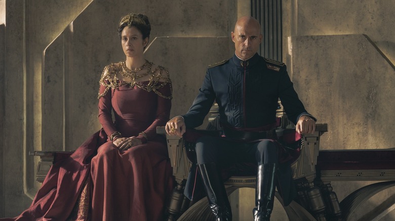 Empress Natalya and Emperor Javicco Corrino sitting on thrones in Dune: Prophecy (2024)