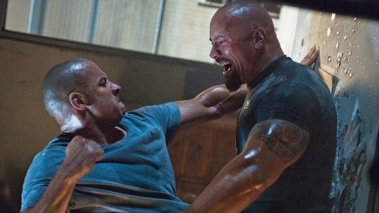 Dominic Toretto and Luke Hobbs fighting