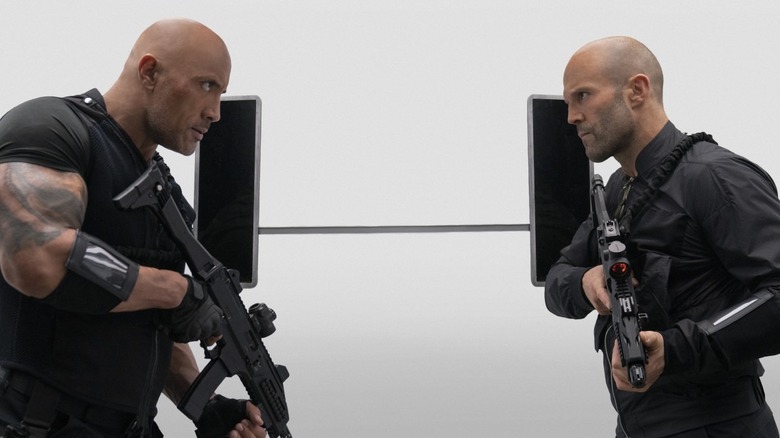 Dwayne Johnson and Jason Statham stare down