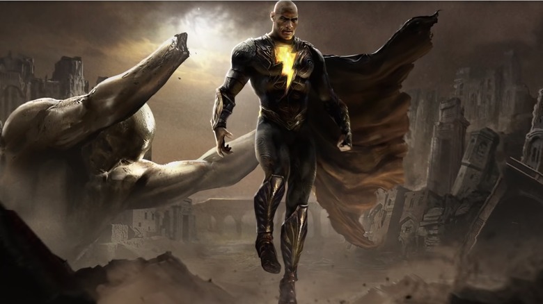 Black Adam hovering above ruins