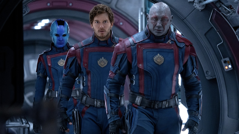 Nebula, Peter, and Drax suit up