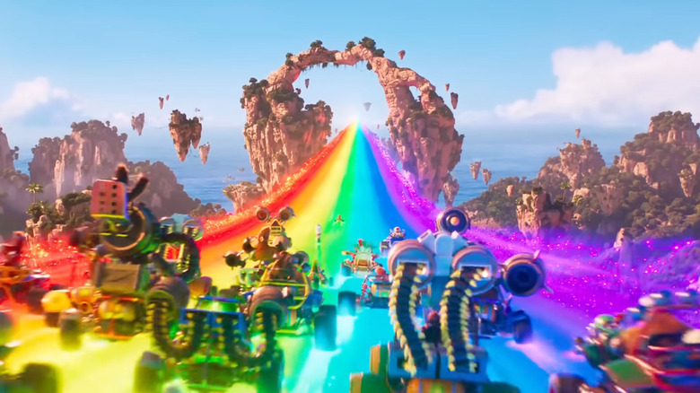 Karts race on Rainbow Road