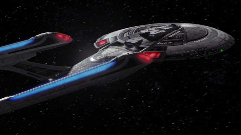 The USS Enterprise-E in space in Star Trek: Nemesis.