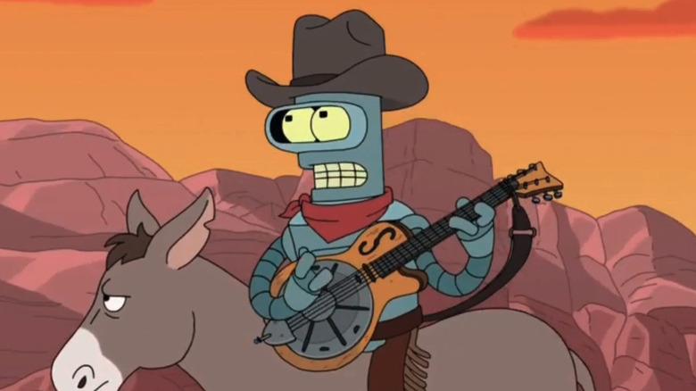 Bender plays guitar on a donkey