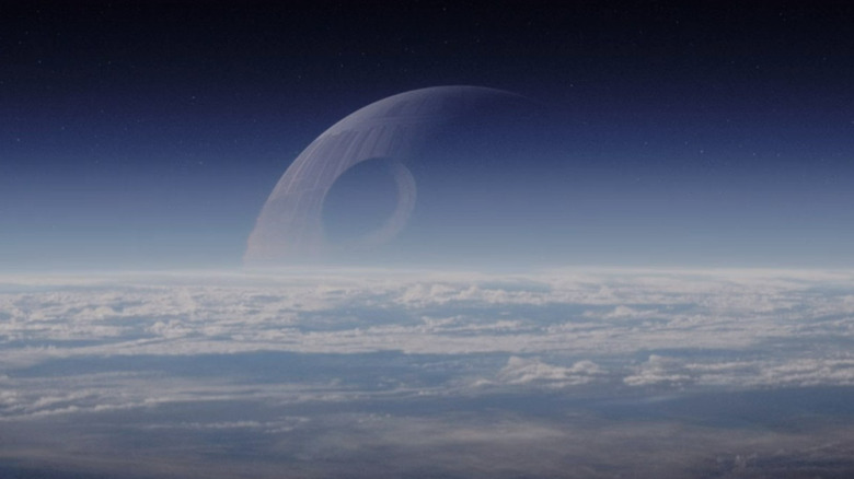 The Death Star hovering over Scarif