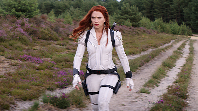 Scarlett Johansson Black widow walking white uniform