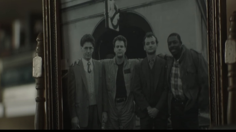 A photo of Bill Murray, Harold Ramis, Dan Aykroyd and Ernie Hudson in "Ghostbusters: Afterlife"