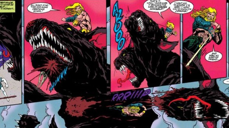 Aquaman fighting Cerberus