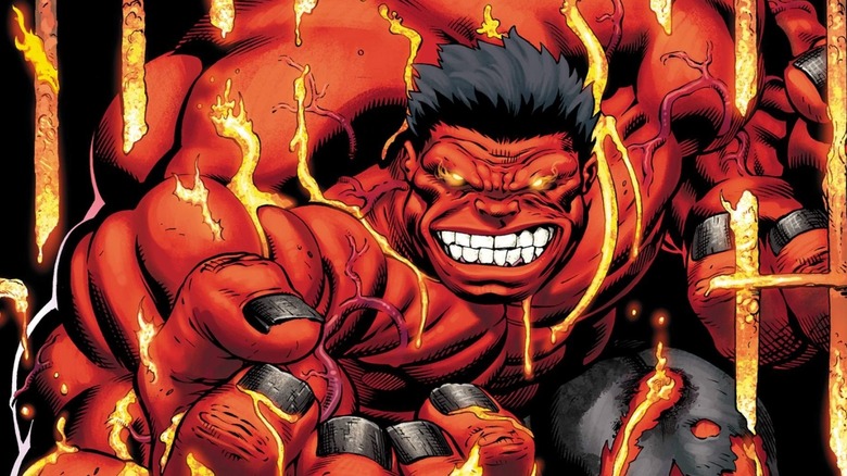 Red Hulk smashing through bars