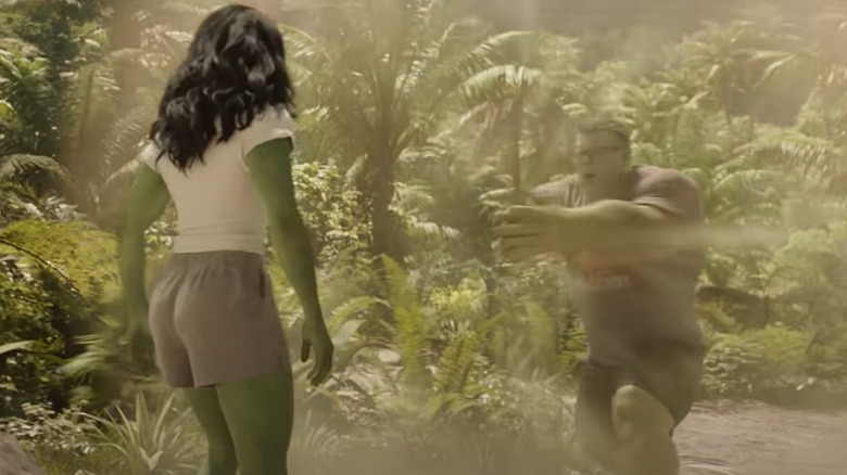 Hulk uses his thunderclap move on She-Hulk