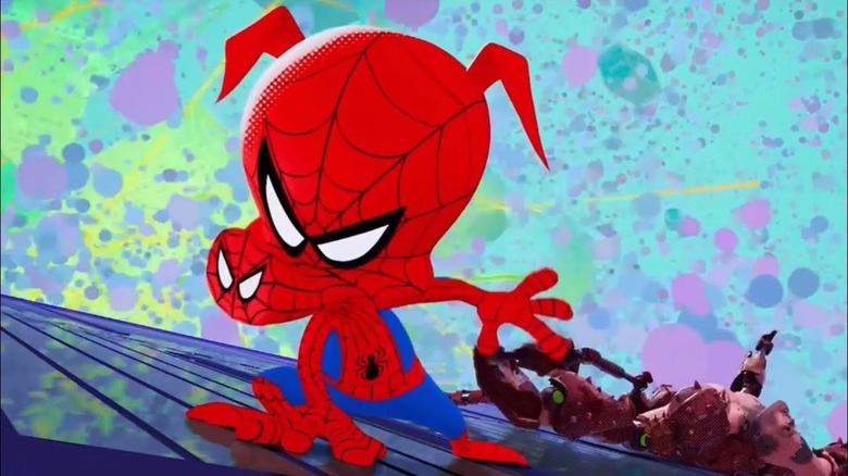 Spider-Ham mid-fight in "Into the Spider-Verse"