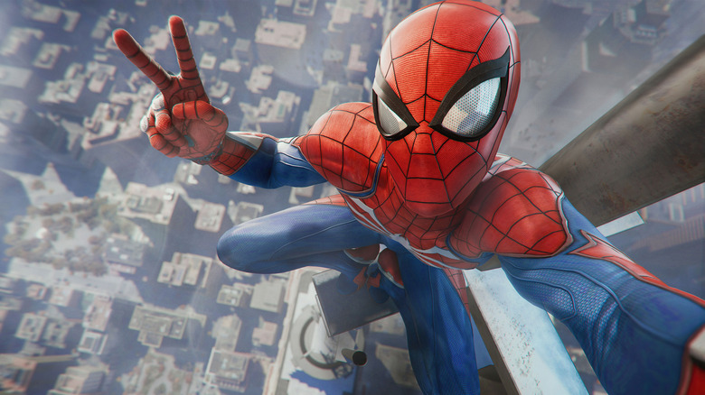 Spider-Man taking a selfie in Insomniac's 2018 game