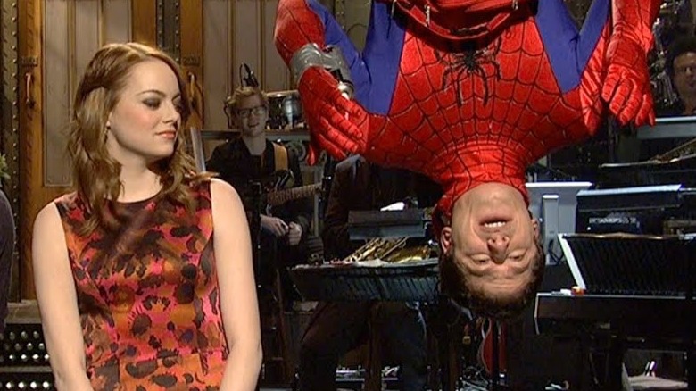 Stone and Samberg in a Spider-Man sketch on SNL