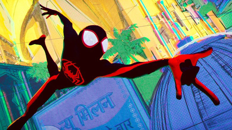 Miles swinging in "Across the Spider-Verse"