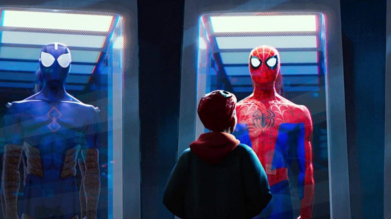 Miles Morales looking at costumes in Spider-Man: Into the Spider Verse