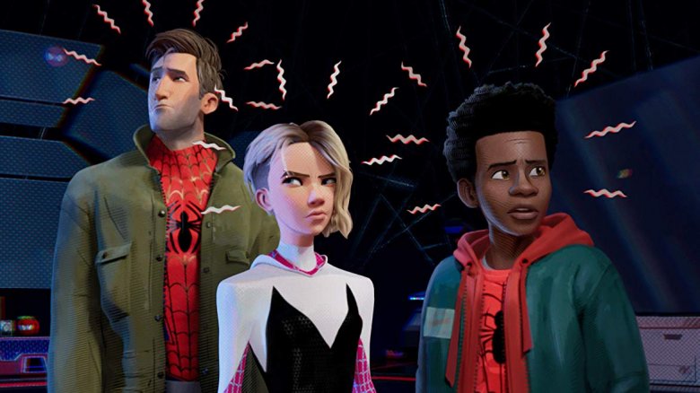 Peter B Parker, Gwen Stacy, and Miles Morales in Spider-Man: Into the Spider Verse