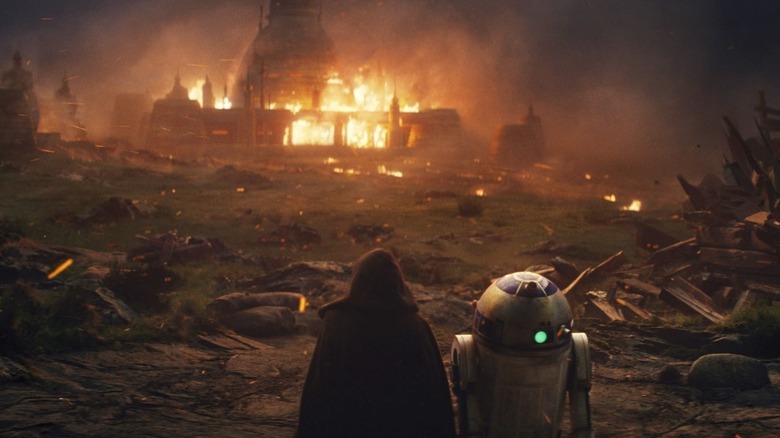 Luke's Jedi Temple burns in The Last Jedi.