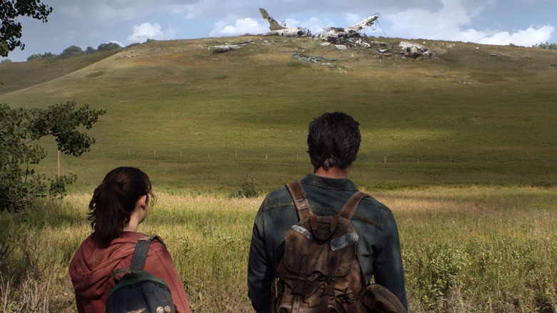 Joel and Ellie looking at the ruins of a plane crash in a field in the distance