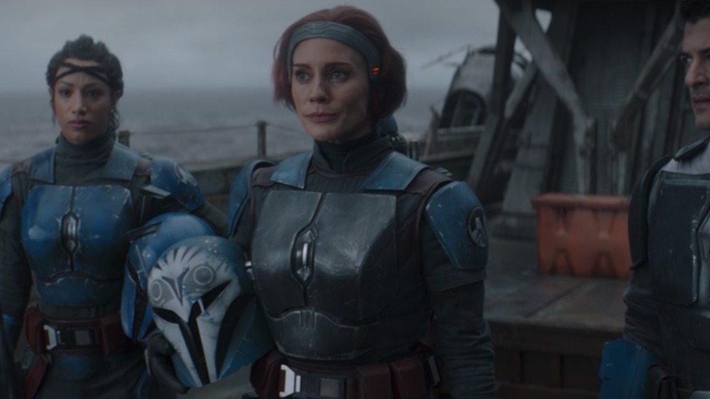 Mercedes Varndao as Koska Reeves, Katie Sackhoff as Bo-Katan Kryze, and Simon Kassianides as Axe Woves from The Mandalorian season 2