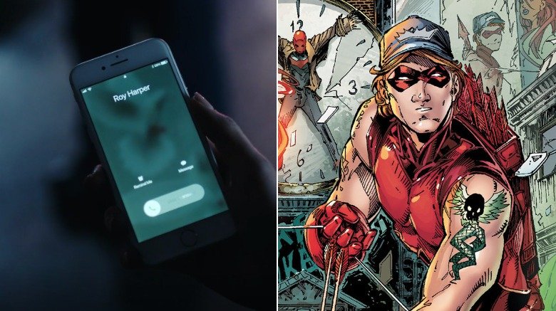 Split image of Donna Troy receiving a call from Roy Harper and Arsenal from the comics