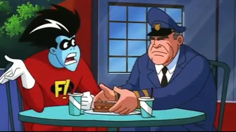 Freakazoid confers with Sgt. Cosgrove