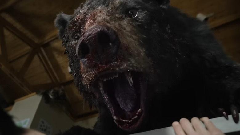 Cocaine bear snarling into the camera as it attacks