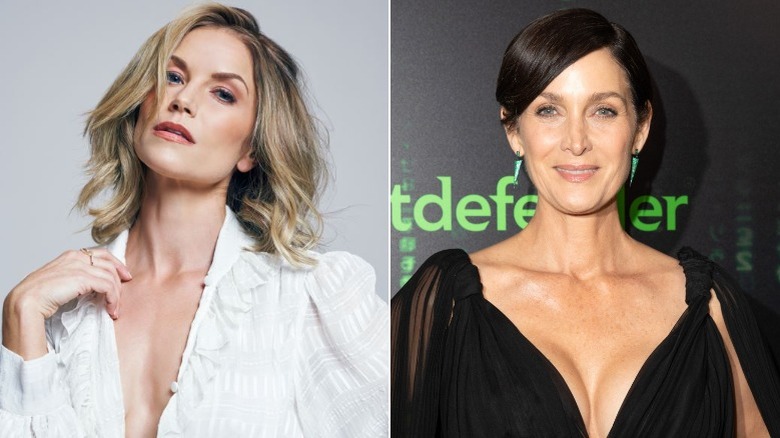 Elle Hollman white shirt, Carrie-Anne Moss black drss