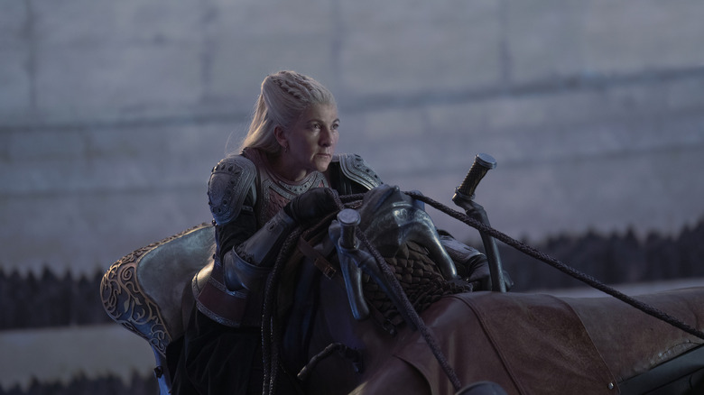 Rhaenys Targaryen riding on her dragon. Meleys